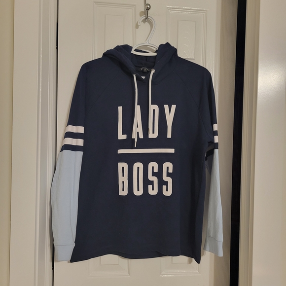 George Tops - Navy 'Lady Boss' Hoodie with Light Blue Sleeves Size L
